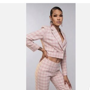 Tweed blazer, 7 For All Mankind, pink & white plaid cropped jacket (Jacket only)